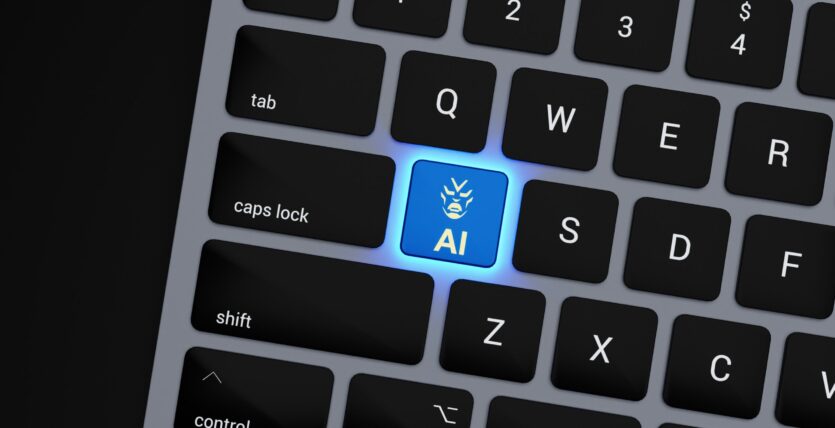 a close up of a keyboard with a blue button